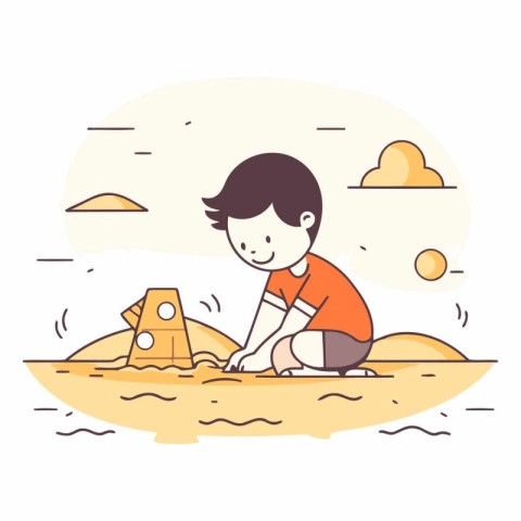 Boy playing with sand on the beach. Flat style vector illustrati