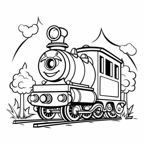 Black and White Cartoon Illustration of Funny Steam Train or Ste