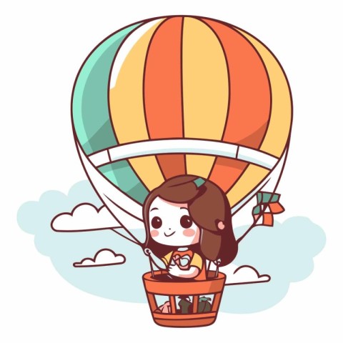 Cute little girl flying in hot air balloon.