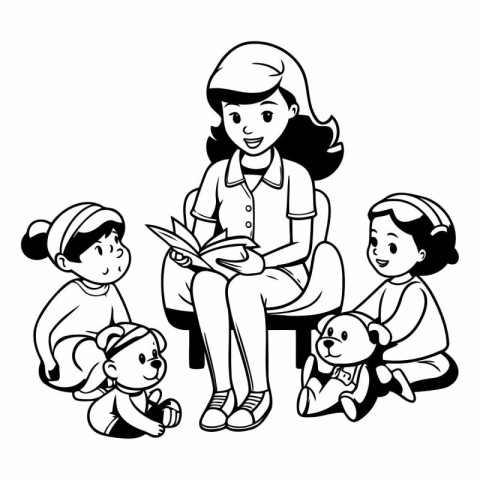 Mother and children reading a book. Black and white vector illus