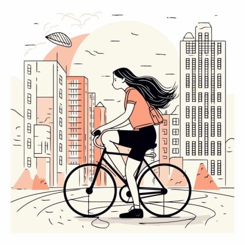 Vector illustration of a young woman riding a bicycle in the cit