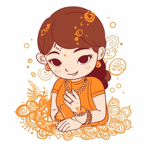 Vector illustration of a cute little Indian girl in orange dress