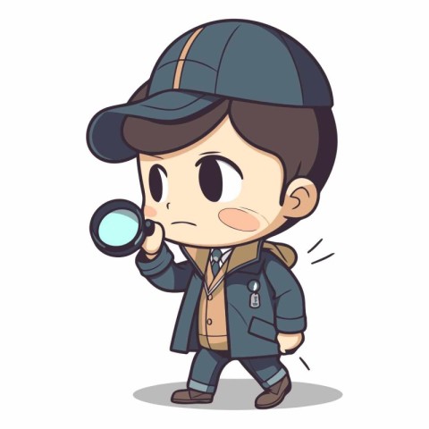 Explorer boy looking through magnifying glass character cartoon