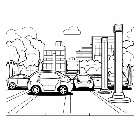 Cityscape with buildings and cars in black and white