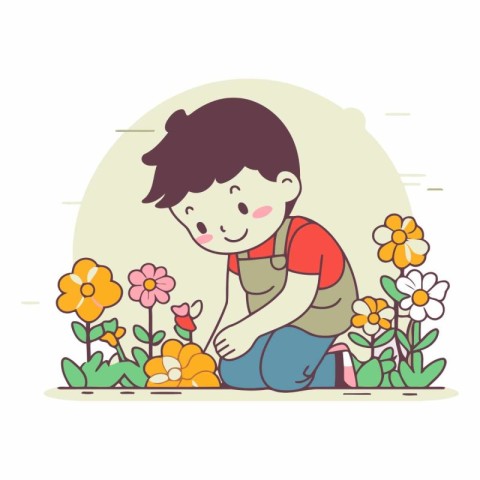 Cute little boy planting flowers in the garden.