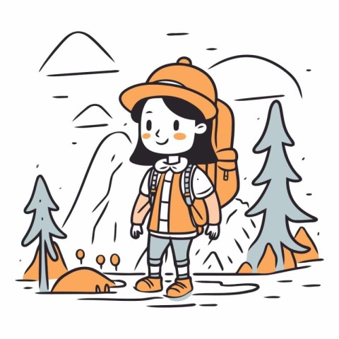 Cute little girl hiking in the mountains. Vector hand drawn illu