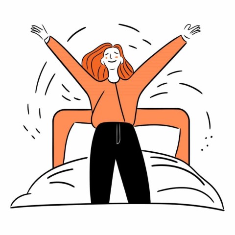 Happy young woman with raised hands on the bed.