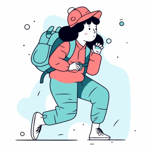 Vector illustration of a girl with a backpack and a cap running.