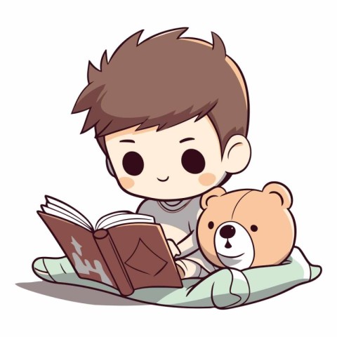 Cute boy reading a book with teddy bear.