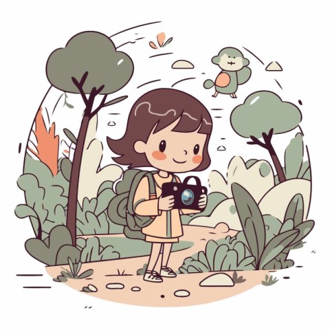 Girl with a camera in the forest in cartoon style.