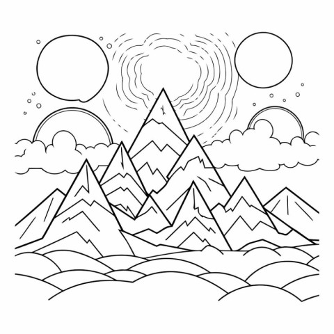 Mountains and sun line art vector illustration. Coloring book fo