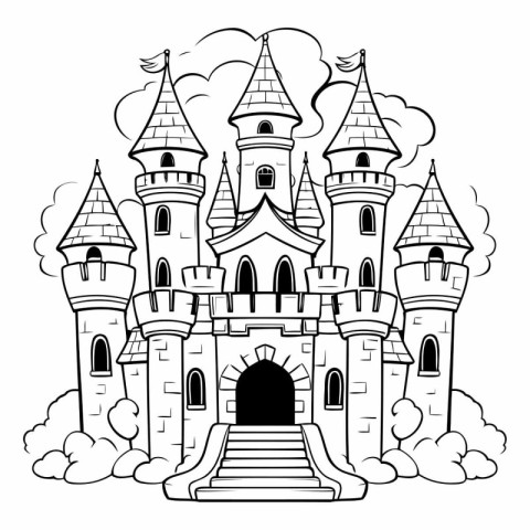 Fairytale castle in black and white vector illustration graphic