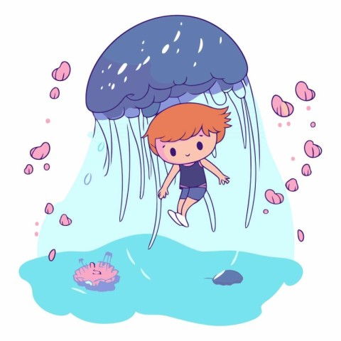 Cute little boy swimming in the sea. Cartoon vector illustration