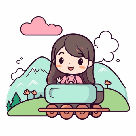 Cute little girl riding train in cartoon style.