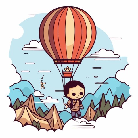 Cute cartoon boy flying on hot air balloon.