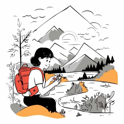 Vector illustration of a woman hiker with a backpack sitting in