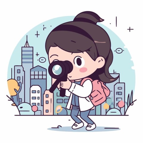 Girl taking photo in the city in cartoon style.