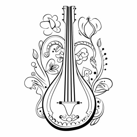 Musical instrument mandolin with floral ornament. Black and whit