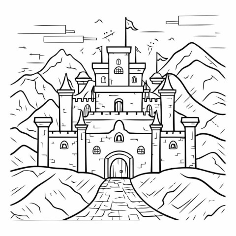 Castle in the mountains. Hand drawn vector illustration in sketc