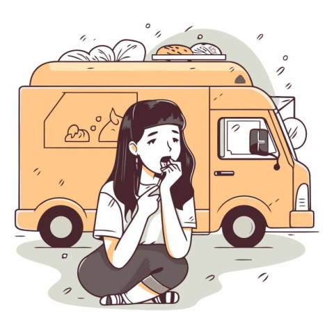 Illustration of a Teenage Girl Eating Ice Cream While Sitting Ne