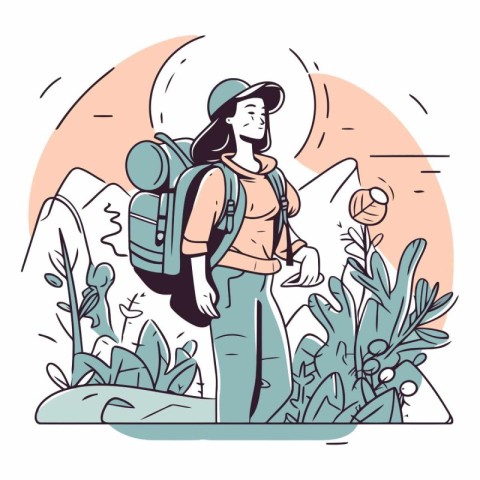 Vector illustration of woman hiker with backpack and map in fore