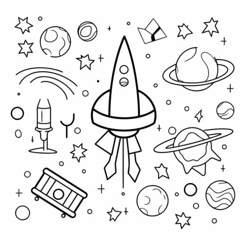 Space doodles set. Hand drawn vector illustration in doodle styl