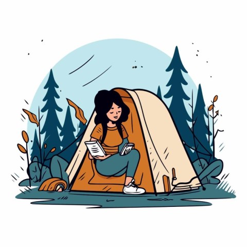 Vector illustration of a girl sitting in a tent and reading a bo