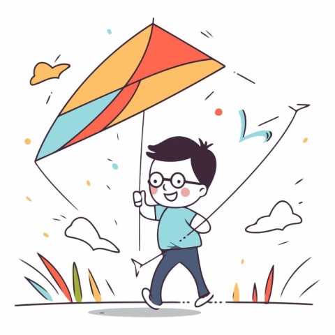 Happy Kid Playing with Colorful Kite in the Park Vector Illustra