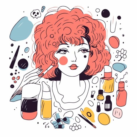 Beautiful girl with red hair and cosmetics. Hand drawn vector il