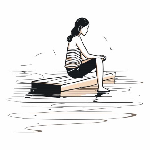 Young woman sitting on a wooden pier in the water