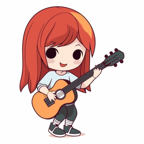 Illustration of a Cute Little Red Haired Girl Playing the Guitar