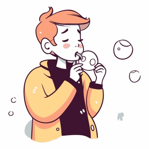 Vector illustration of a young man blowing soap bubbles with his