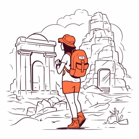 Tourist with a backpack on the background of ancient ruins.