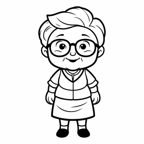 Outlined Cartoon Grandmother with Glasses Vector Illustration on