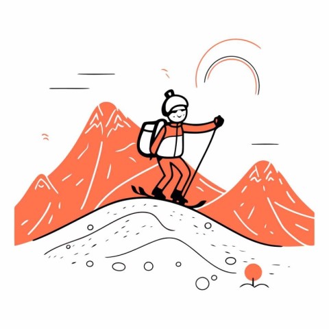 Vector illustration of a man with a backpack on top of the mount