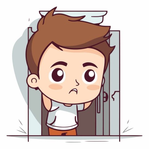 Sad boy in front of the door. Vector cartoon character illustrat