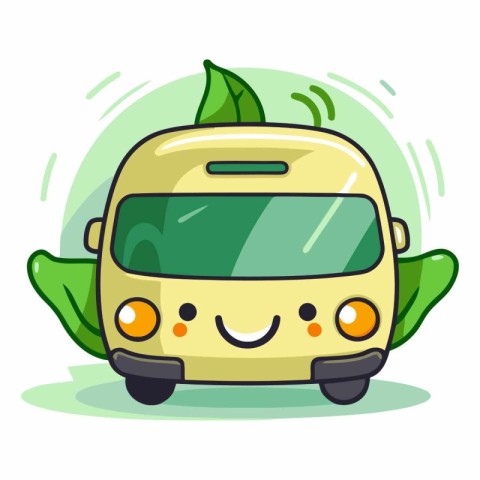 Vector illustration of cute cartoon bus with green leaves.