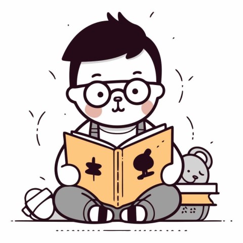 Cute little boy reading a book and wearing glasses.