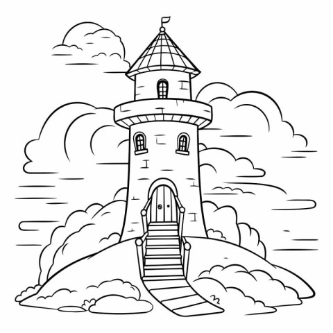 Lighthouse in the clouds. Black and white vector illustration fo