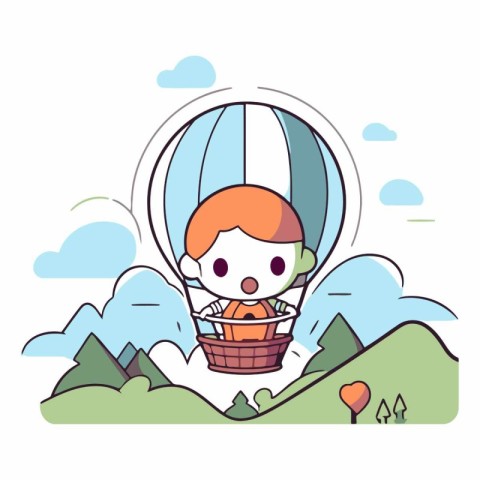 Cute little boy flying on hot air balloon.