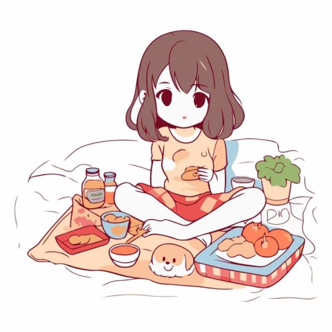 Illustration of a cute little girl eating breakfast on the bed.