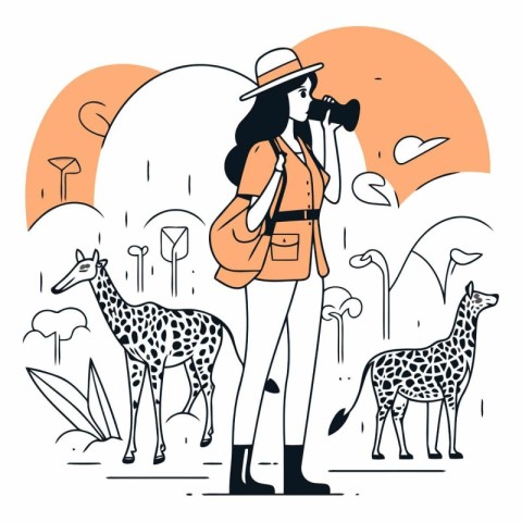 Tourist girl with backpack taking photo of giraffe