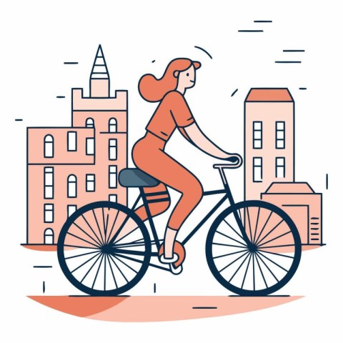 Woman riding a bicycle in the city in flat style