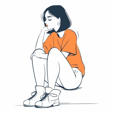 Illustration of a sad young woman sitting on the floor. Vector