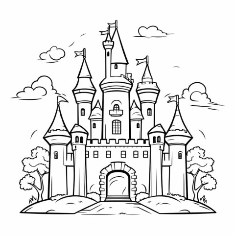 Fairytale castle. Fairy tale castle. Black and white vector illu