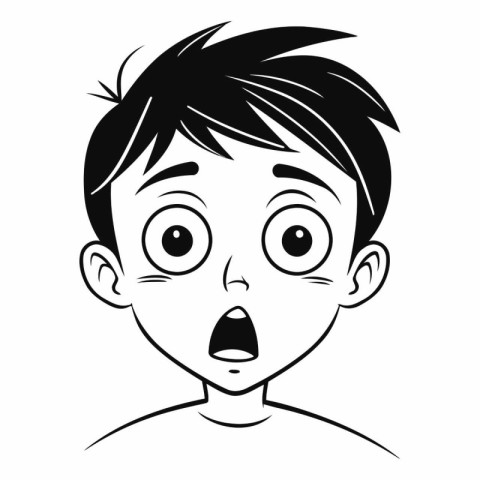 Cute boy with shocked expression. black and white vector illustr