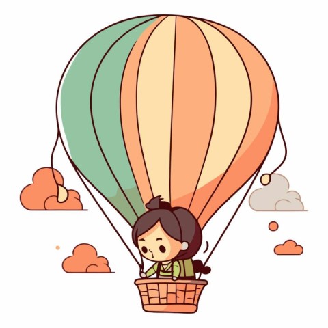 Cute little girl flying in hot air balloon.