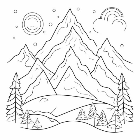 Mountains and coniferous forest. Black and white vector illustra