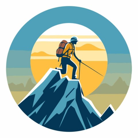 Hiker on the top of the mountain. Flat design.