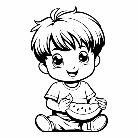 Cute Little Boy Eating Watermelon - Black and White Cartoon Illu